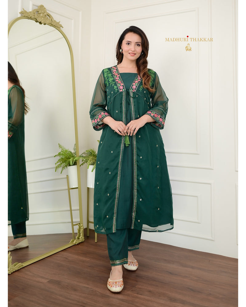 Bottle Green Embroidered Cape A Line Organza Set