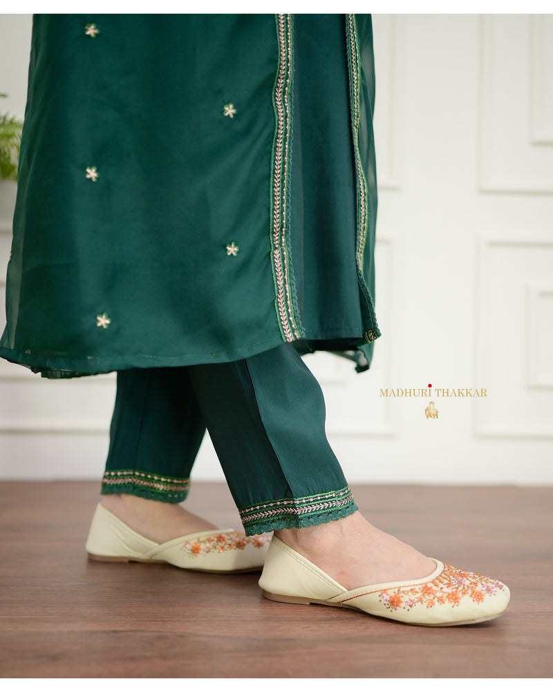 Bottle Green Embroidered Cape A Line Organza Set
