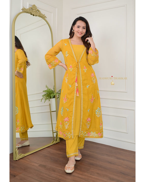 Yellow Embroidered Cape A Line Organza Set