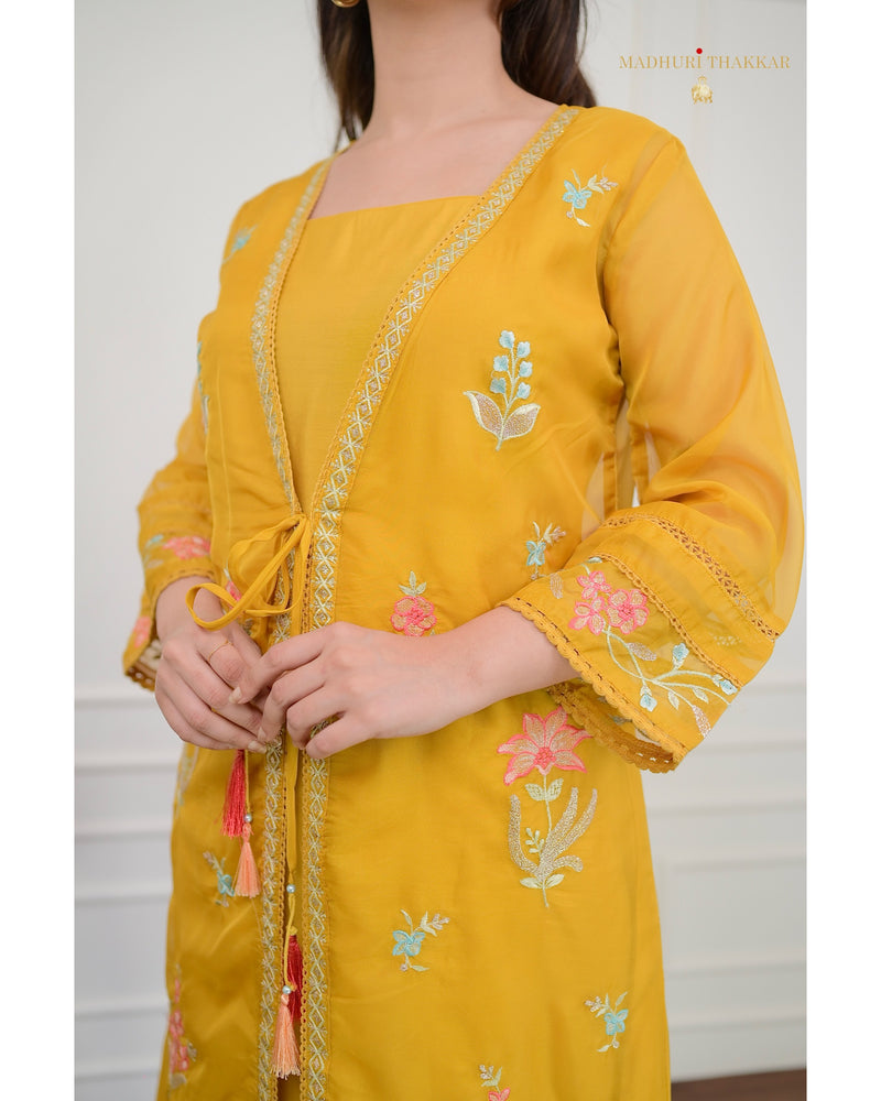 Yellow Embroidered Cape A Line Organza Set