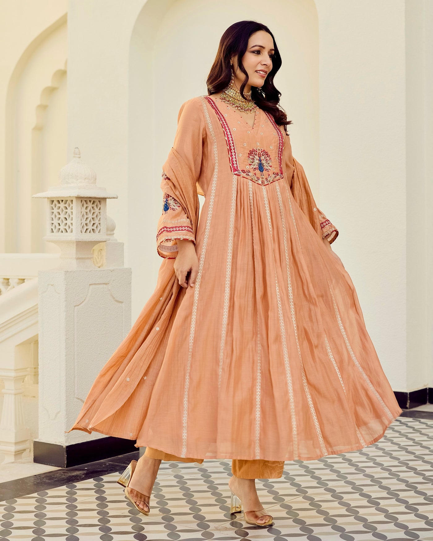 Gulpeach Noor Mul Chanderi A Line Festive Suit