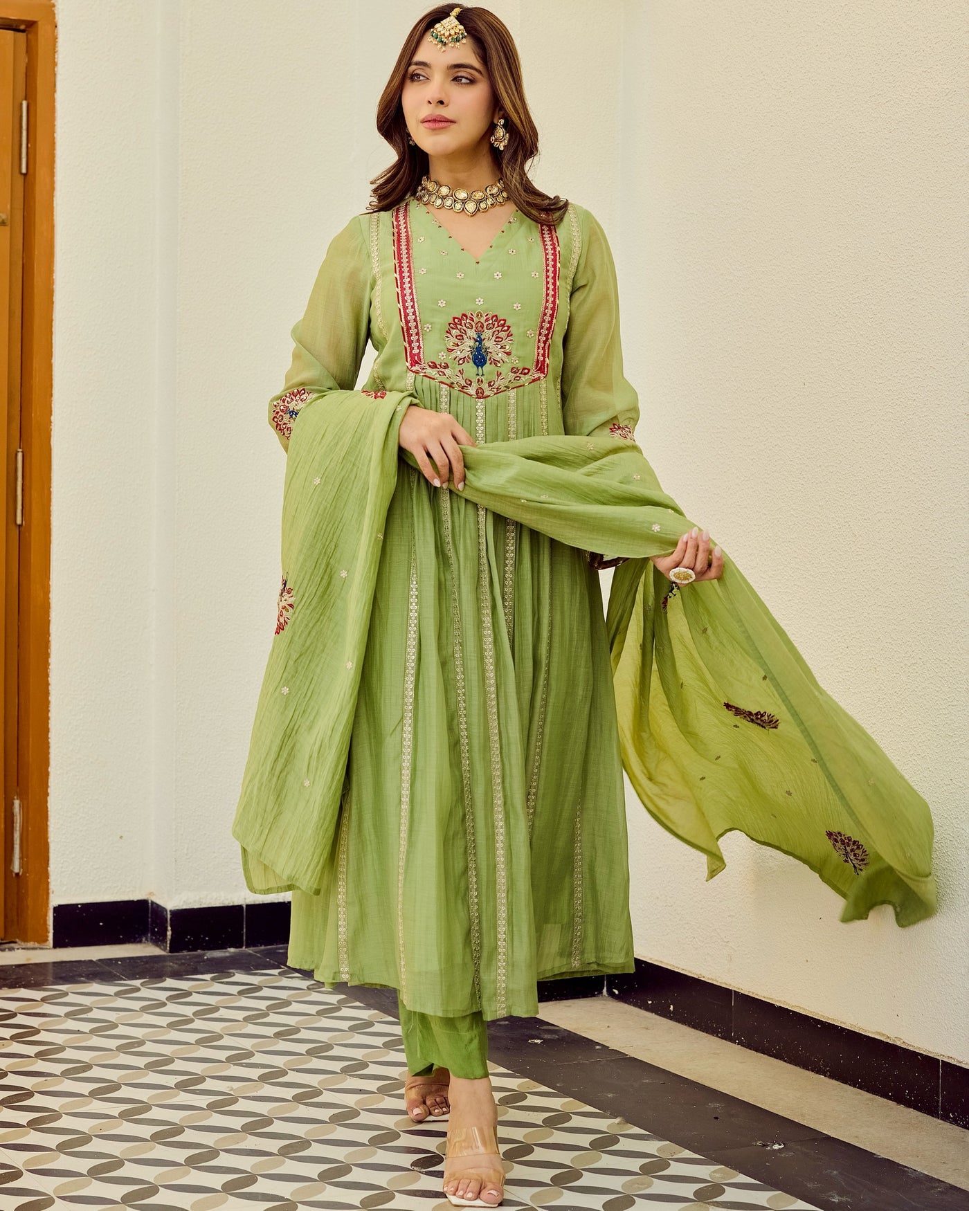 Meher Pista Noor Mul Chanderi A Line Festive Suit