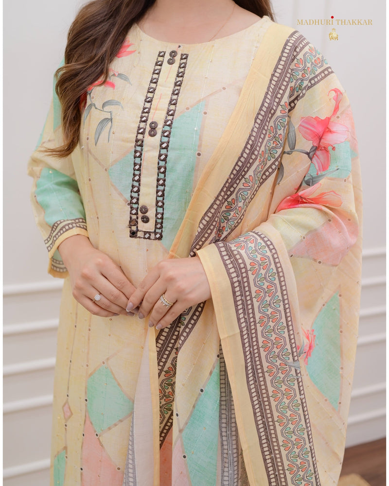Ivory Floral Muslin Suit