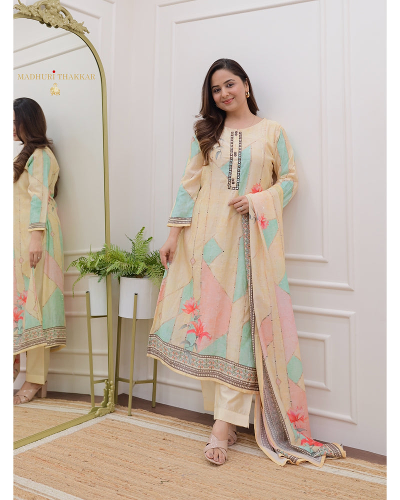 Ivory Floral Muslin Suit