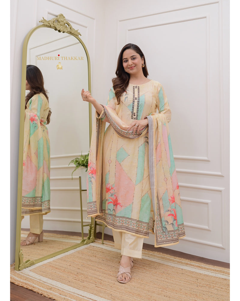 Ivory Floral Muslin Suit