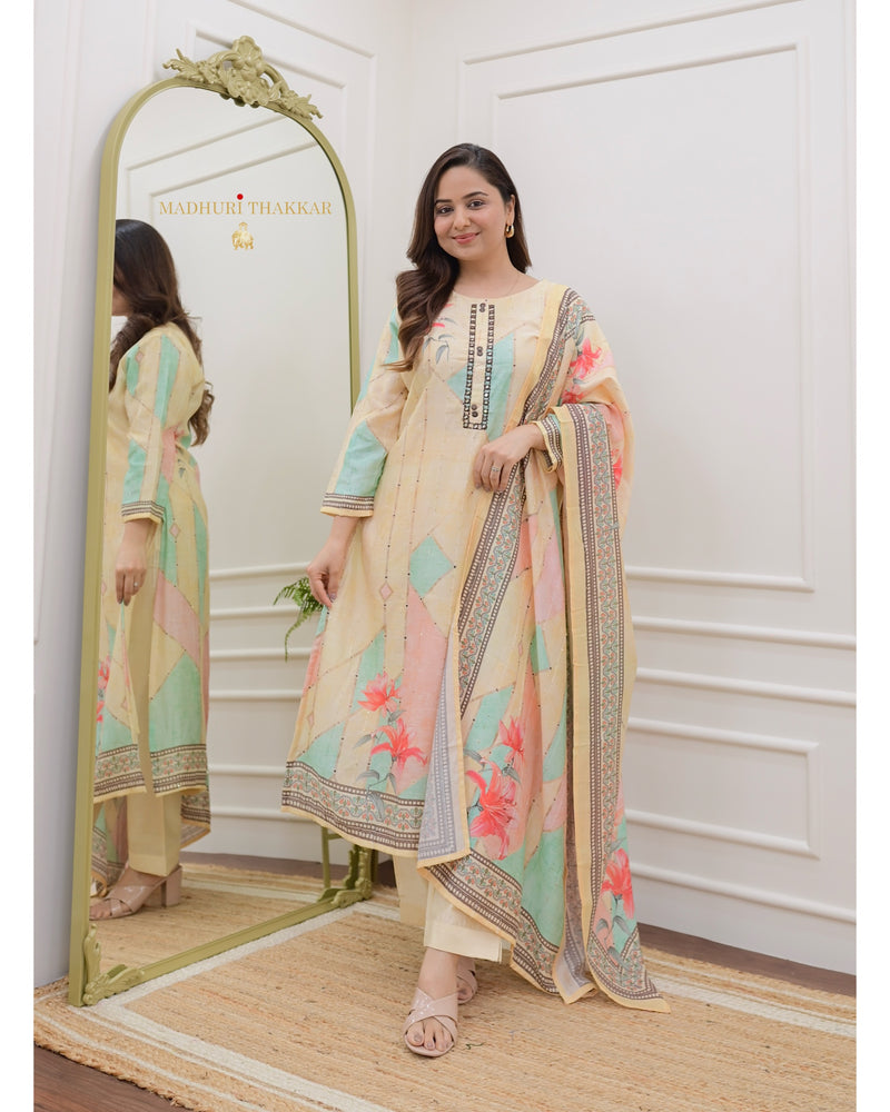 Ivory Floral Muslin Suit