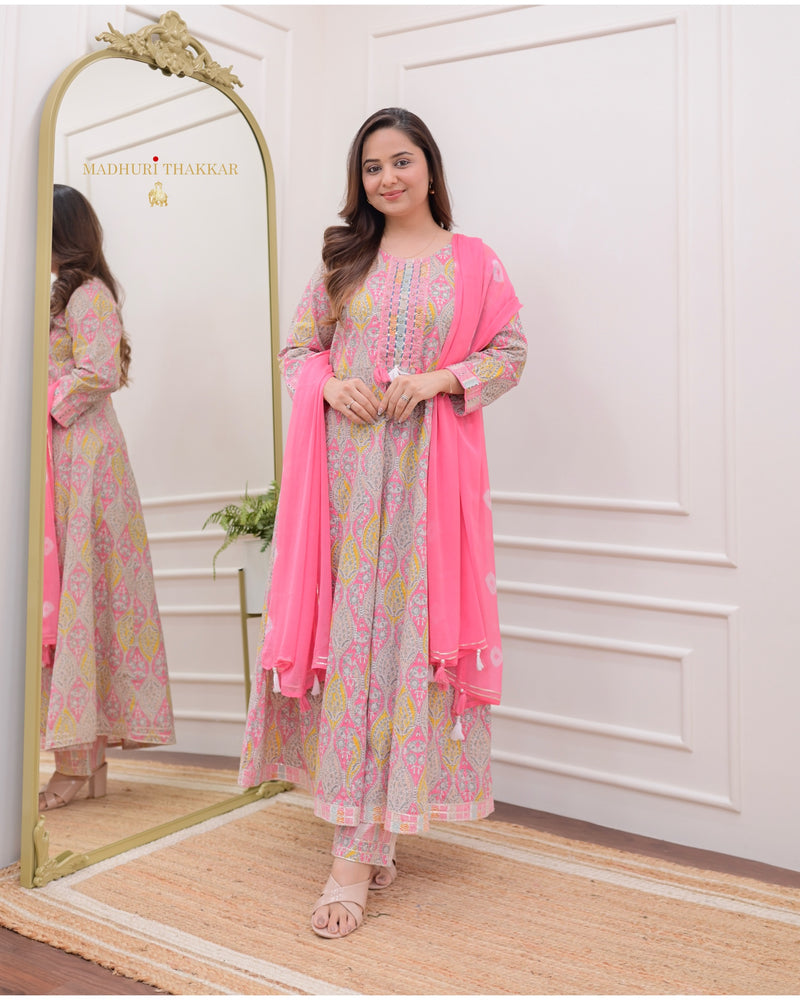 Pink Printed Cotton A Line Suit