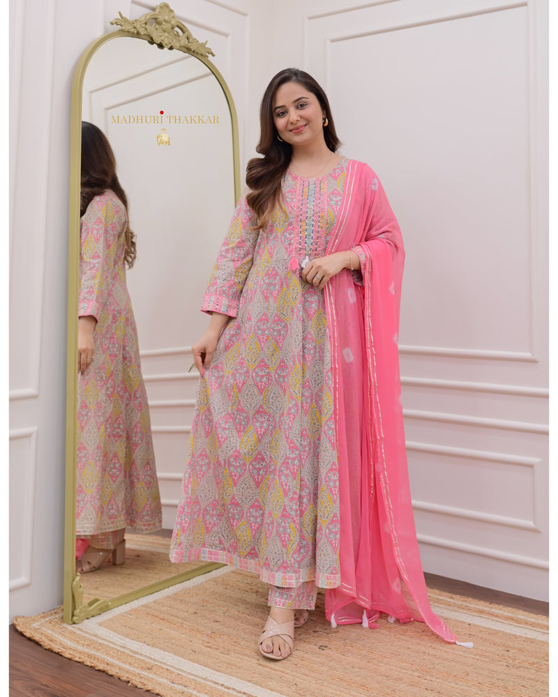 Pink Printed Cotton A Line Suit