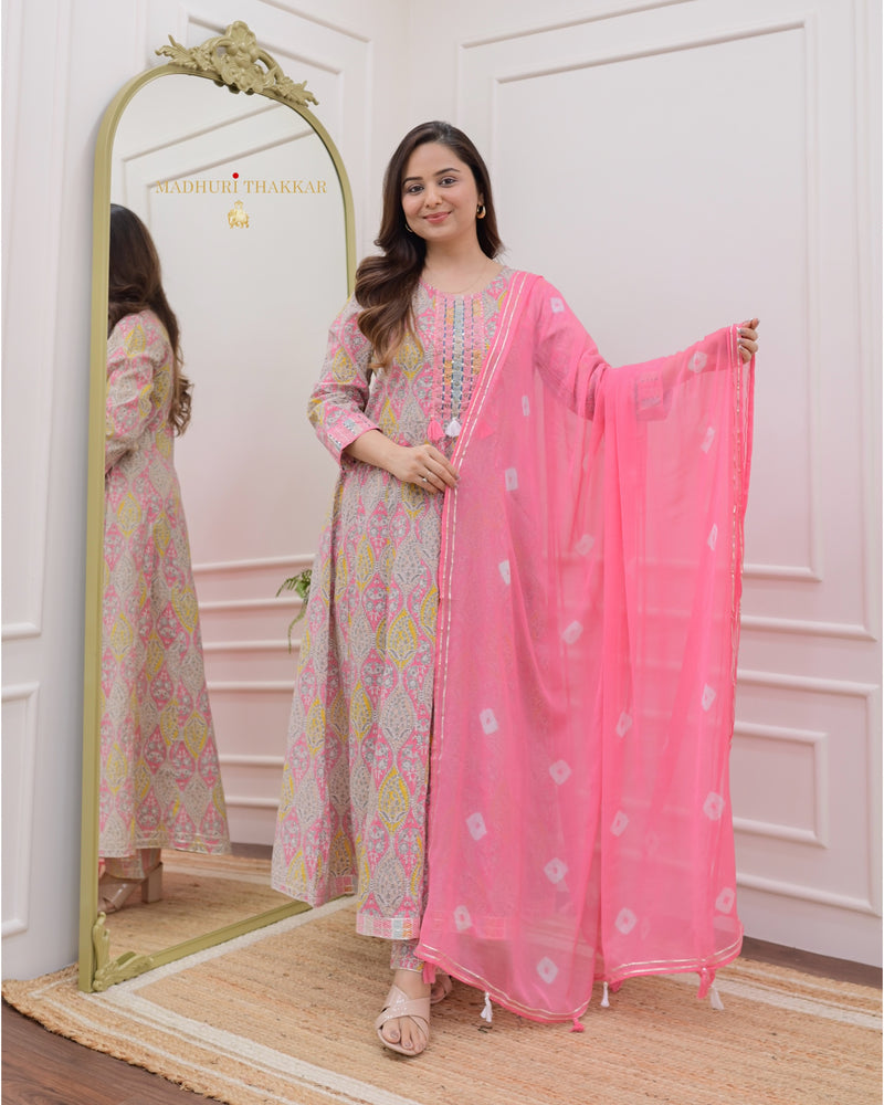 Pink Printed Cotton A Line Suit