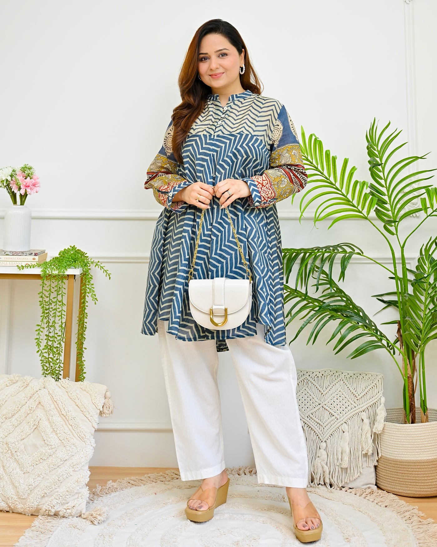 Sapphire Waves Ajrakh Mul Chanderi A Line Tunic