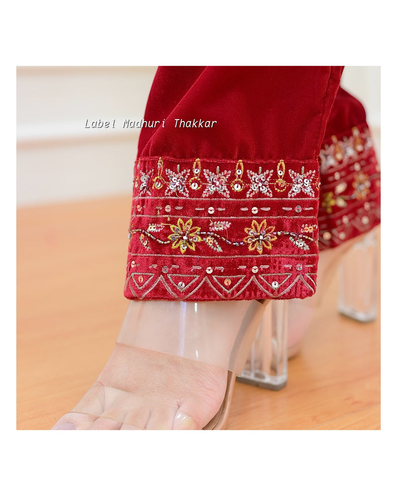 Red Threadwork Velvet Suit