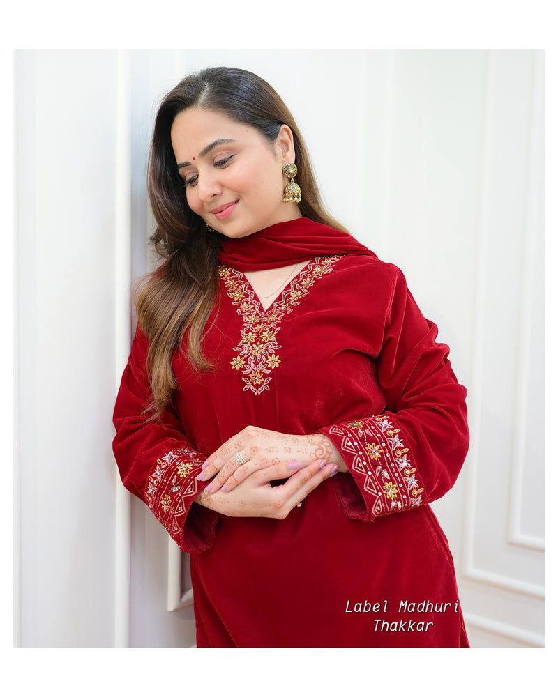 Red Threadwork Velvet Suit