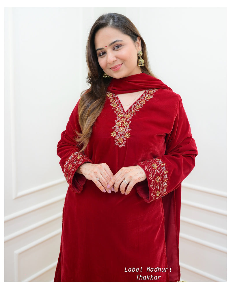 Red Threadwork Velvet Suit