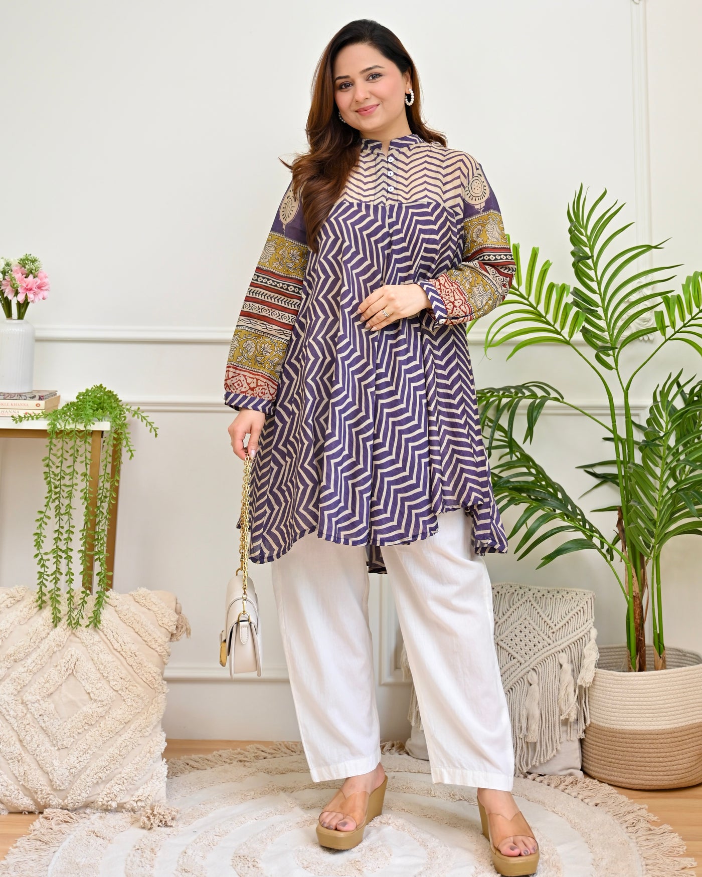 Jamuni Breeze Ajrakh Mul Chanderi A Line Tunic