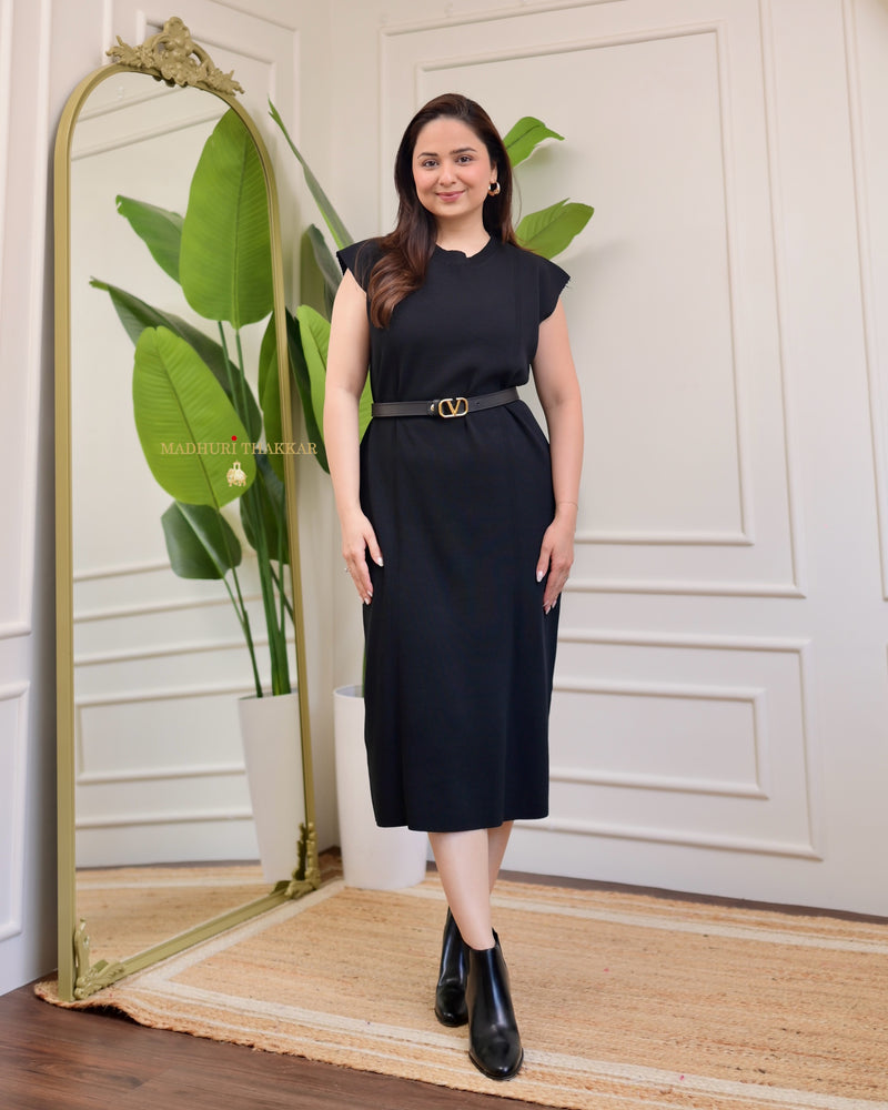 Black Knitted Winter Dress With Striped Cardigan