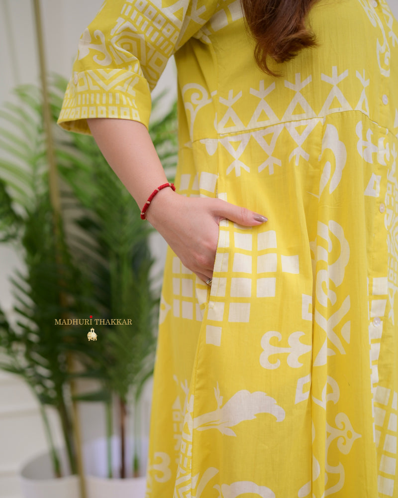Yellow Geometric Cotton A Line Dress