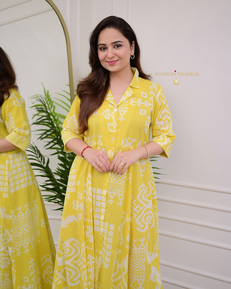 Yellow Geometric Cotton A Line Dress