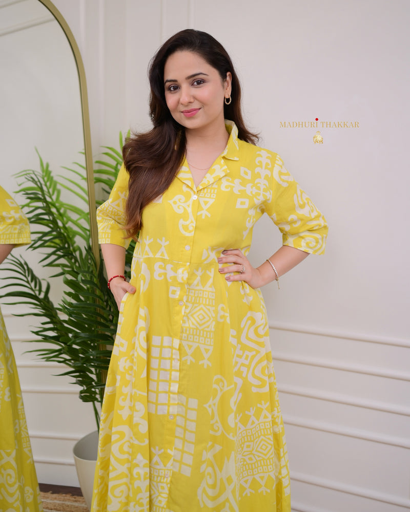 Yellow Geometric Cotton A Line Dress