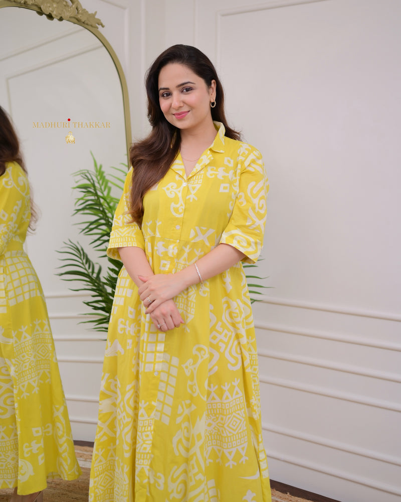 Yellow Geometric Cotton A Line Dress