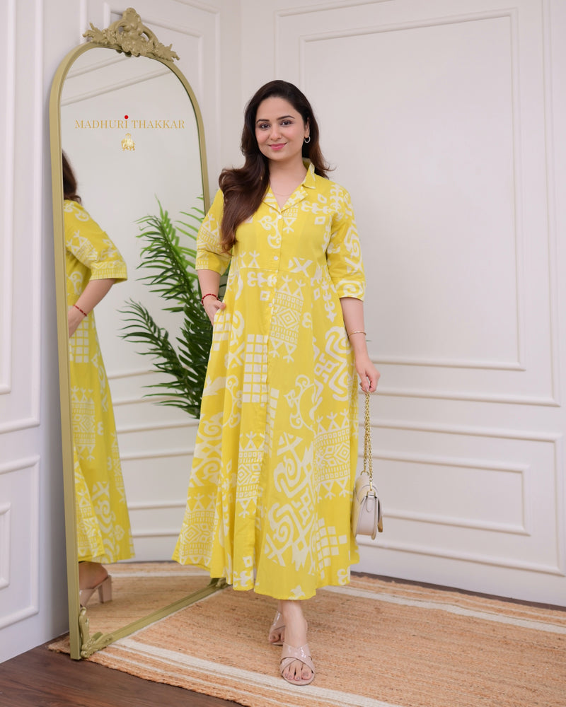 Yellow Geometric Cotton A Line Dress