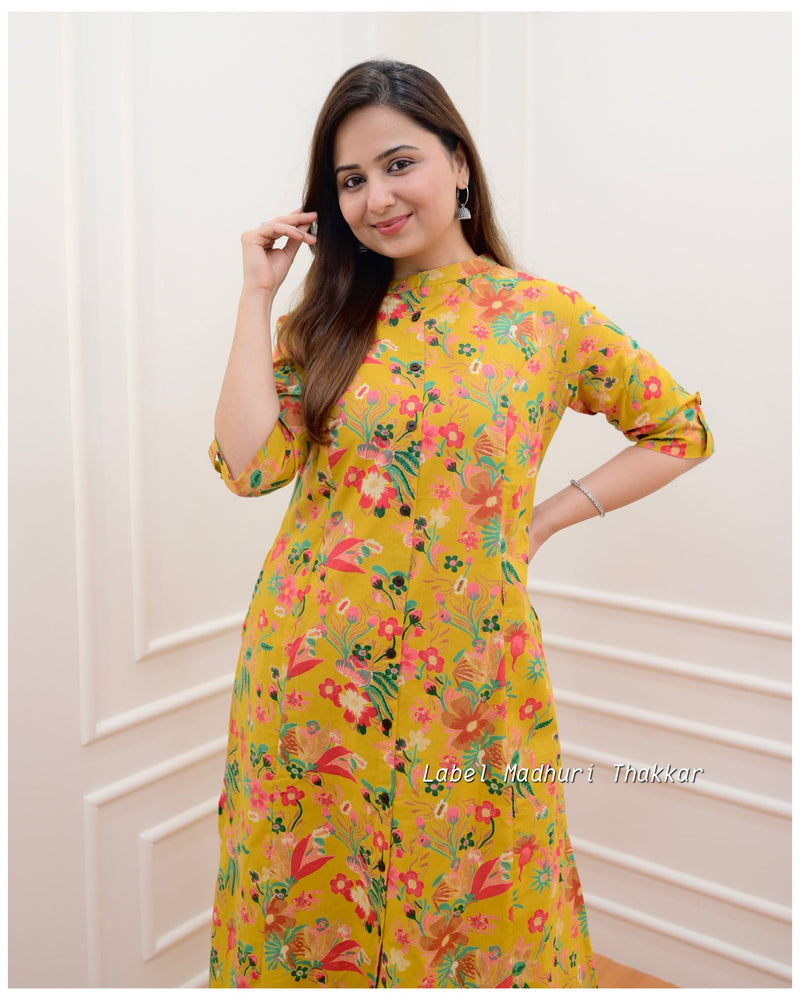 Buy Yellow Printed Front Slit Crepe Kurti Online in India | Colorauction