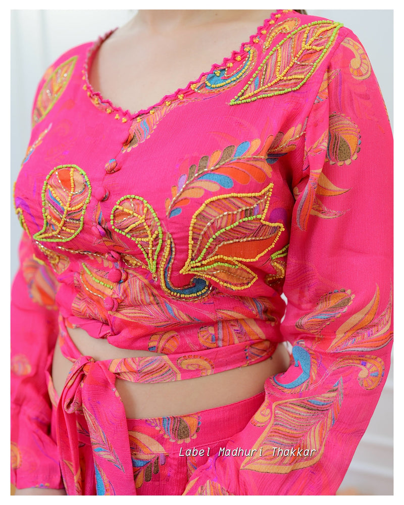 Pink Floral Chinnon Crop Top Skirt Set