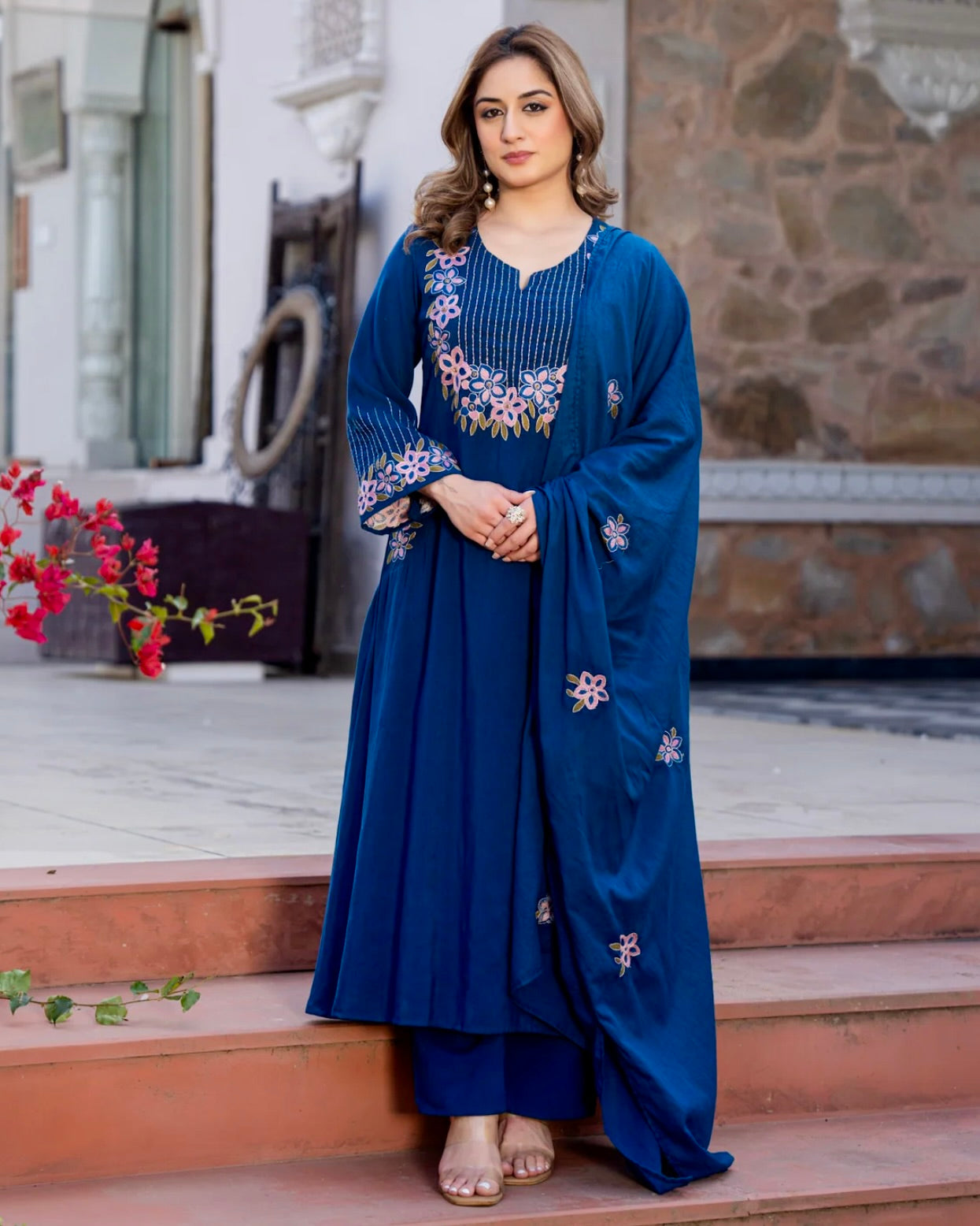 Azure Blue Linen Cotton Threadwork Festive Suit