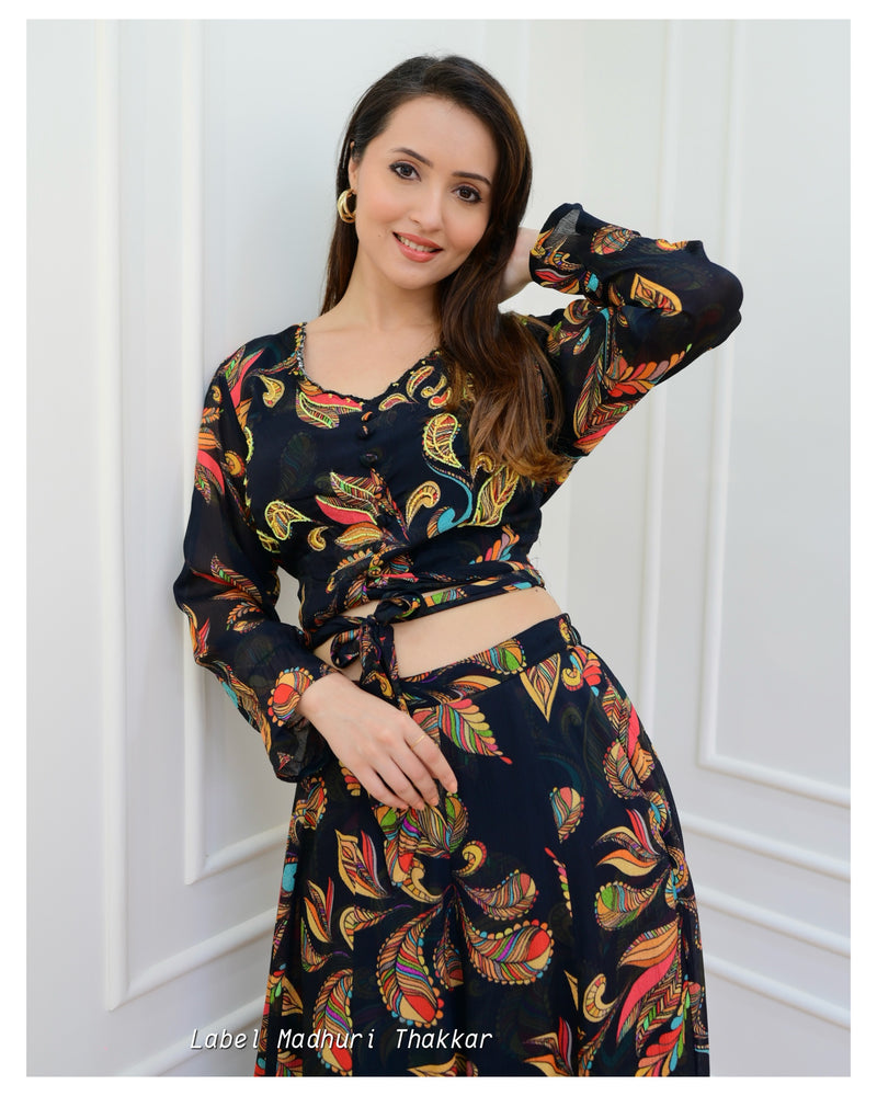 Black Floral Chinnon Crop Top Skirt Set
