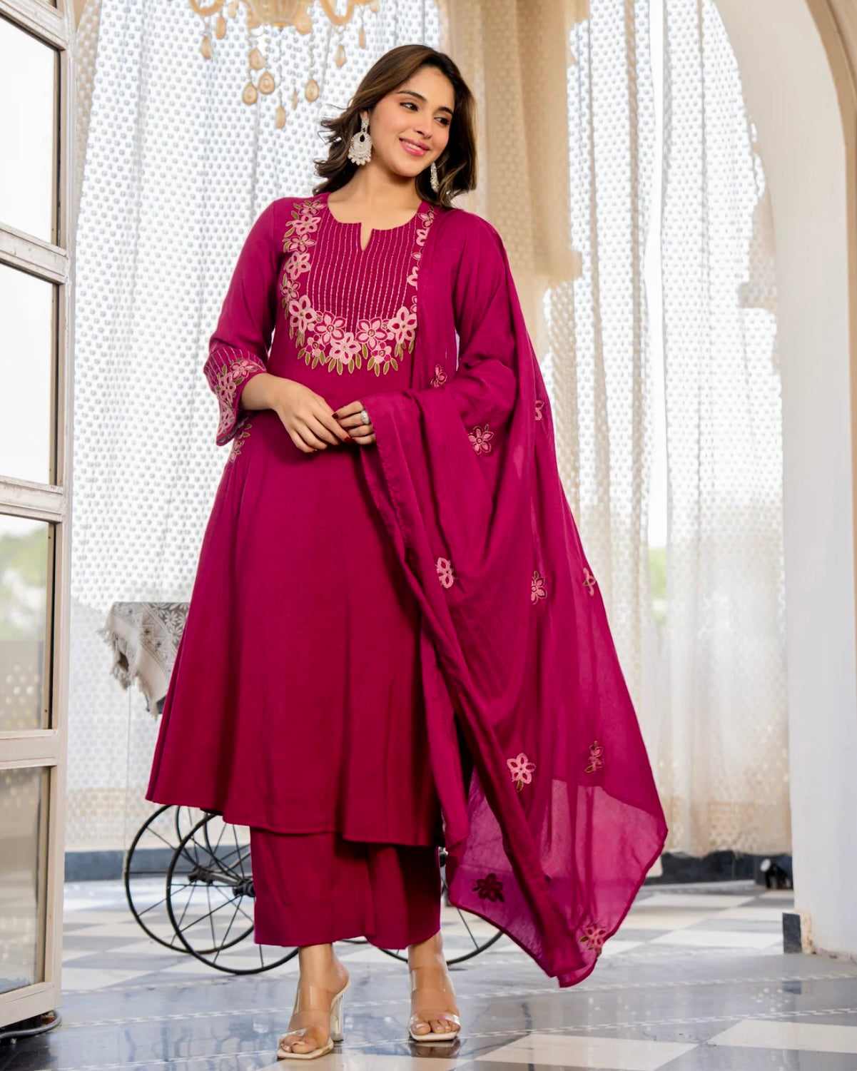 Berry Blossom Linen Cotton Threadwork Festive Suit