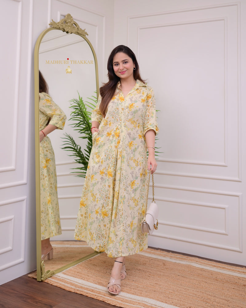 Lemon Yellow Floral Cotton A Line Dress