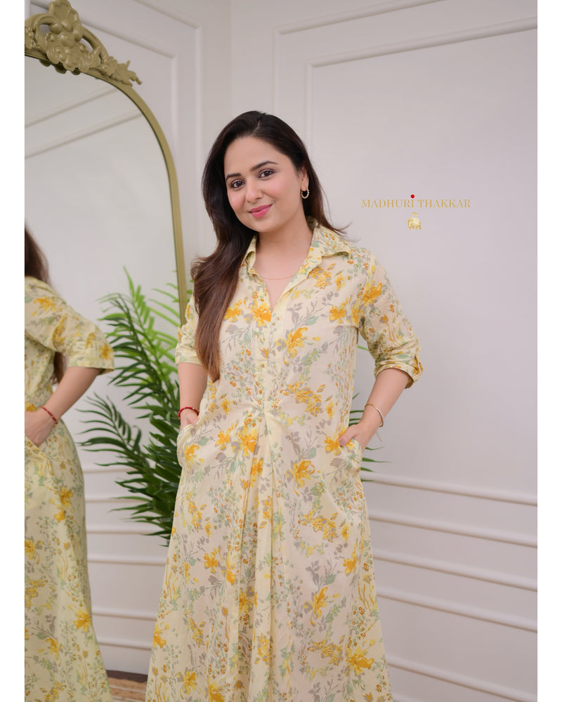 Lemon Yellow Floral Cotton A Line Dress