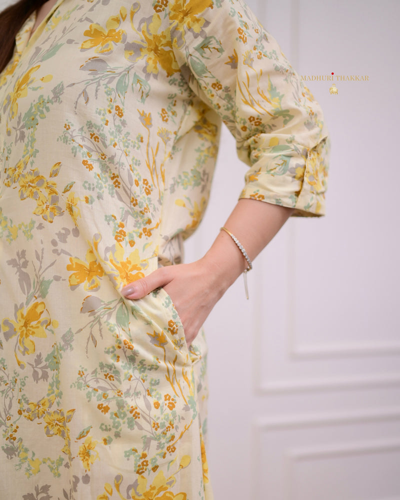 Lemon Yellow Floral Cotton A Line Dress