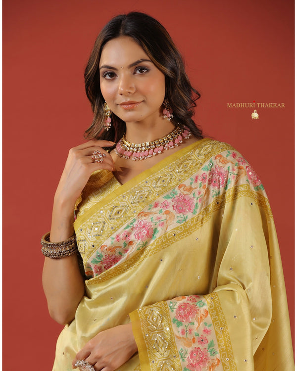 Yellow Tussar Saree With Handwork Floral Border