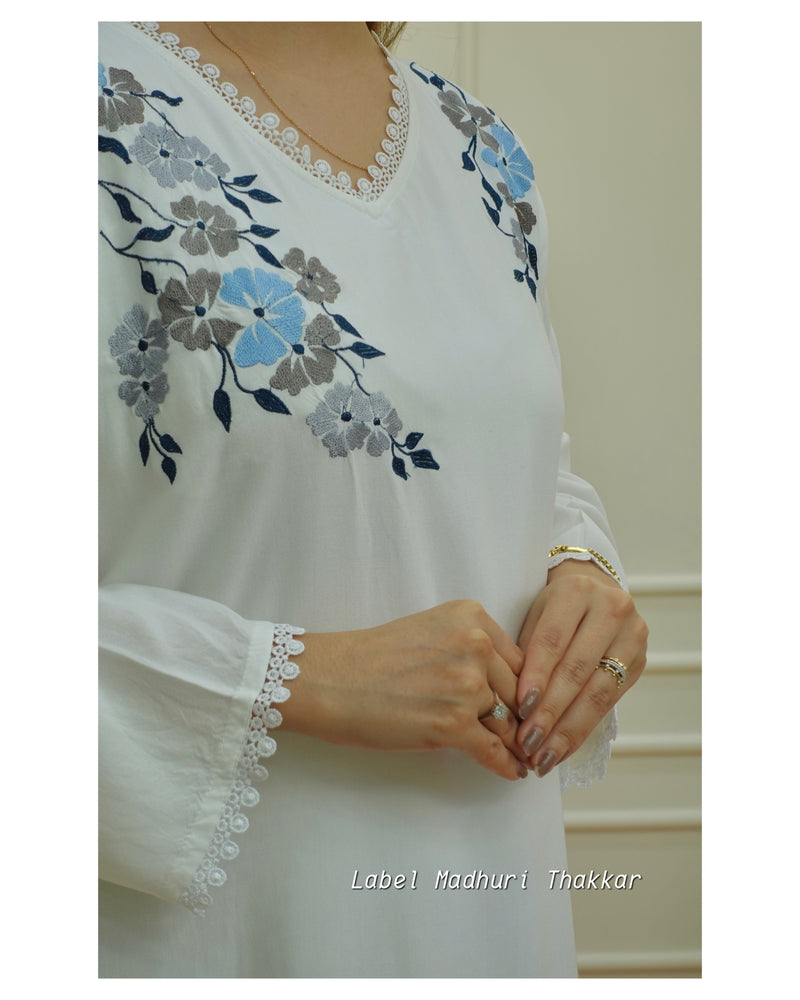 White Lace Thread Embroidered Kurta Set