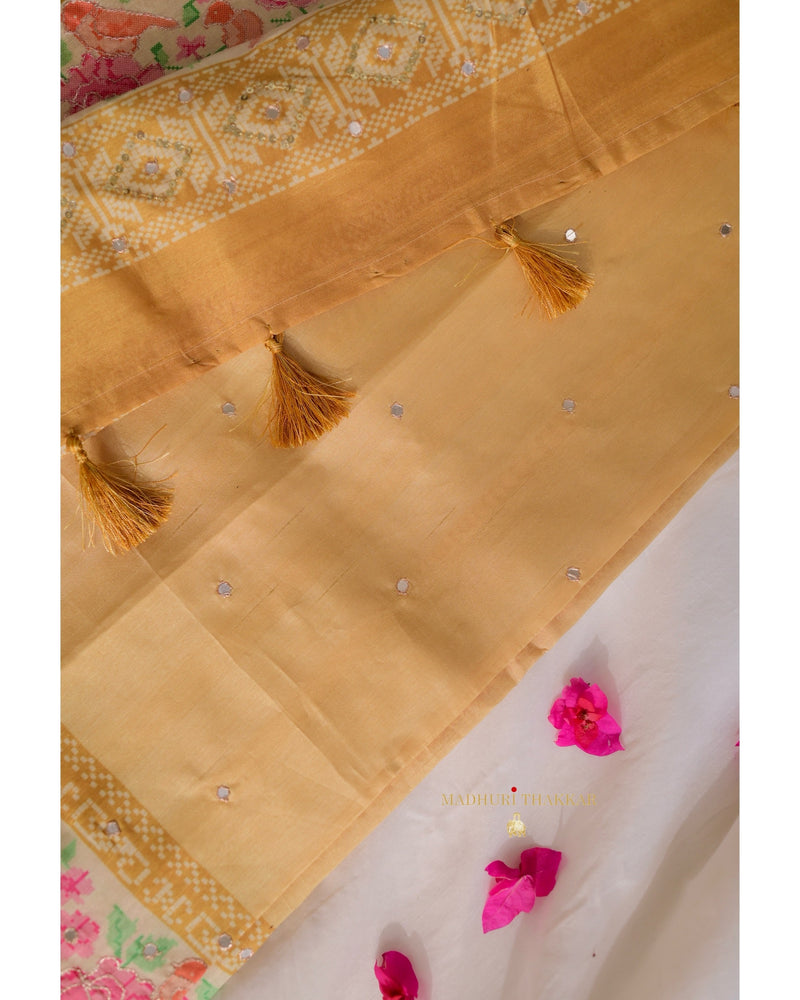 Yellow Tussar Saree With Handwork Floral Border