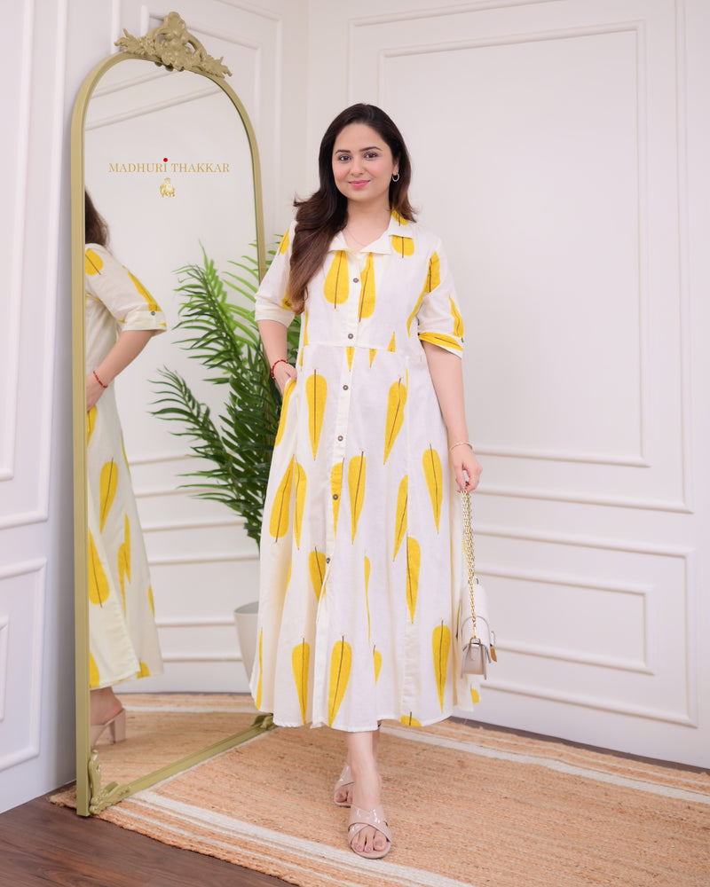 Ivory Yellow Leaf Cotton Aline Dress