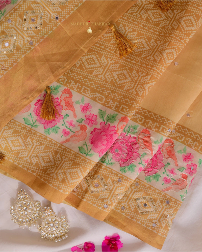 Yellow Tussar Saree With Handwork Floral Border