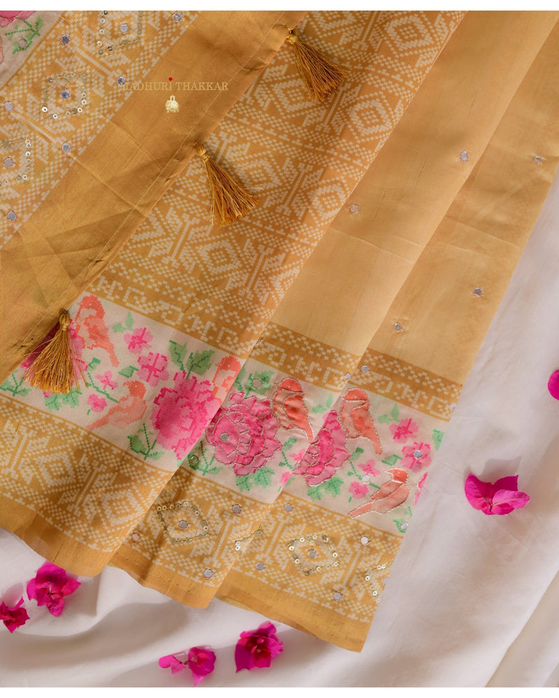 Yellow Tussar Saree With Handwork Floral Border