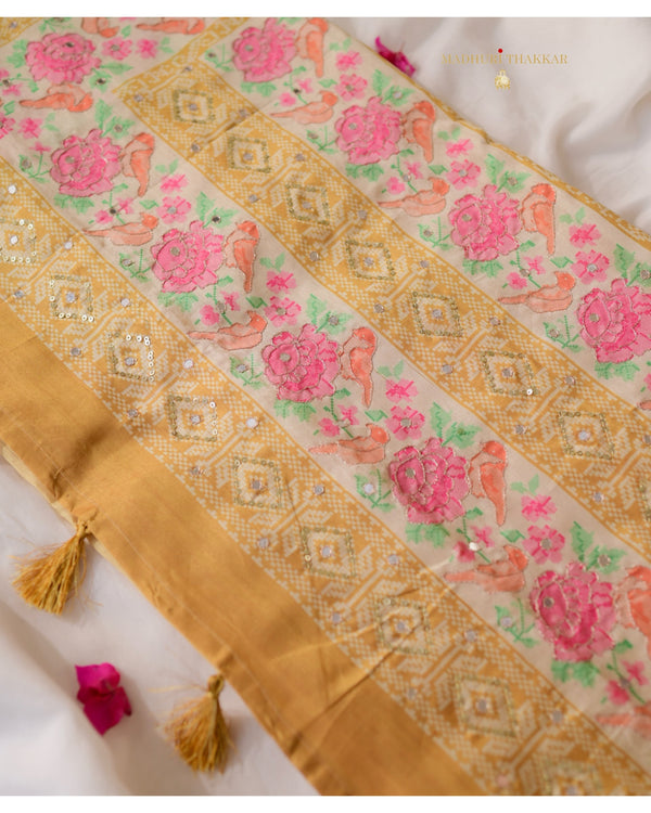 Yellow Tussar Saree With Handwork Floral Border
