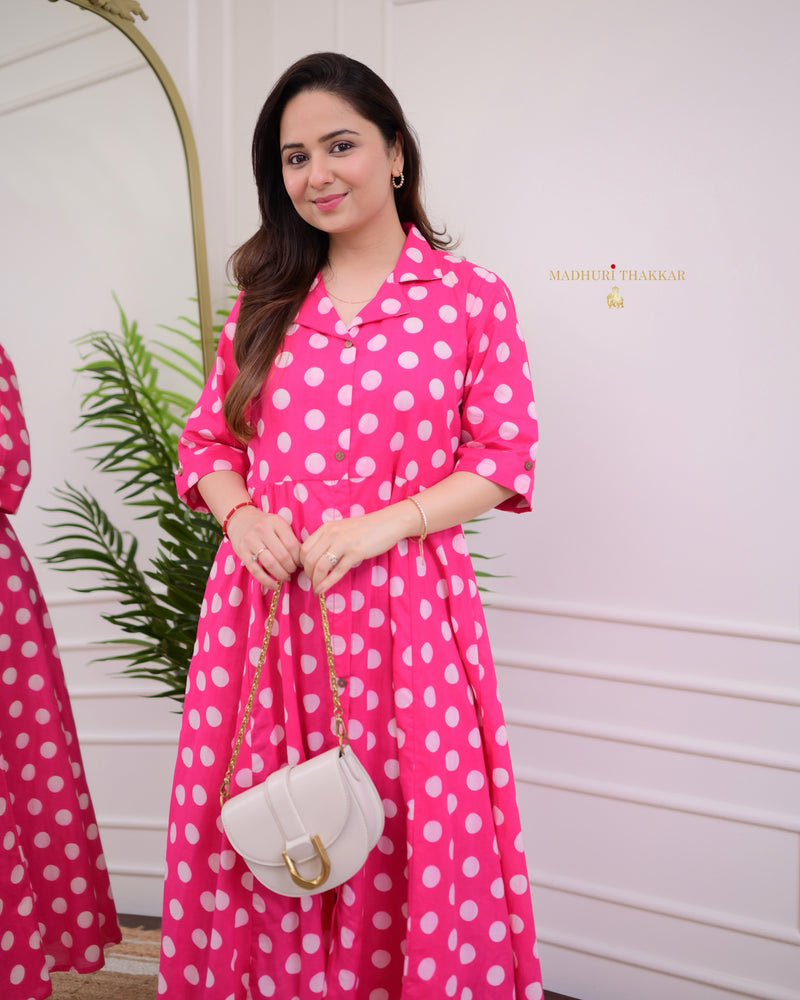 Pink Polka Dots Cotton A Line Dress