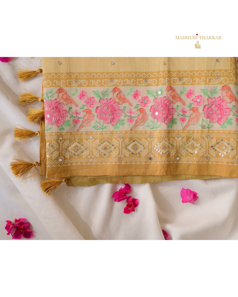 Yellow Tussar Saree With Handwork Floral Border