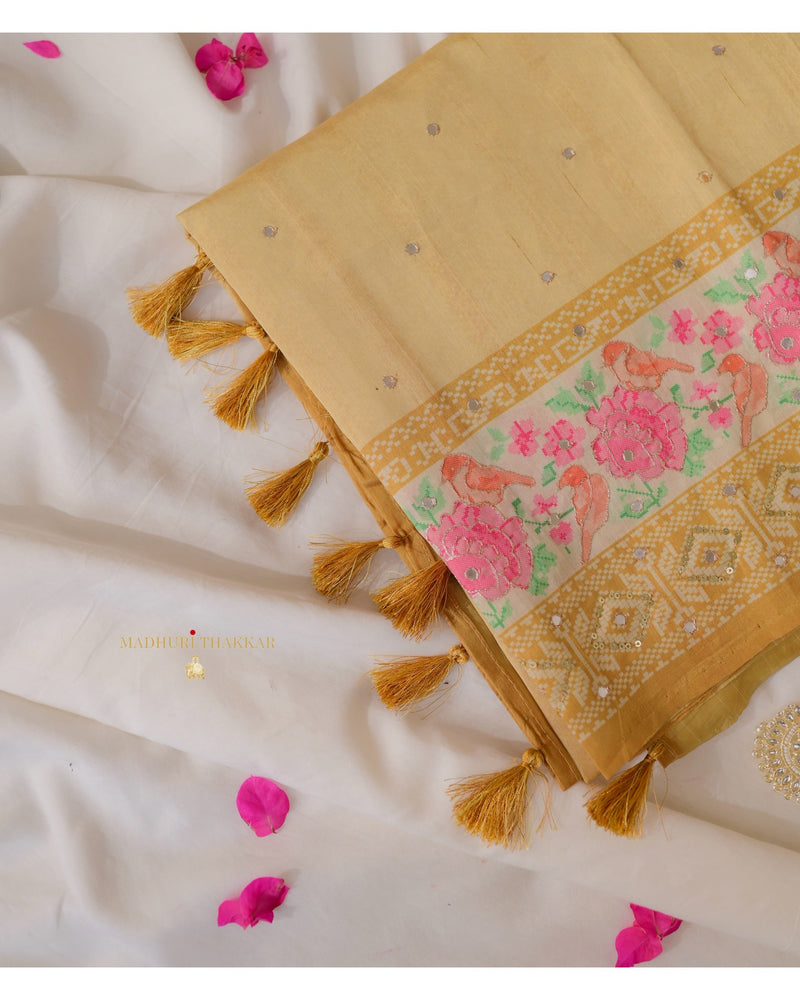 Yellow Tussar Saree With Handwork Floral Border