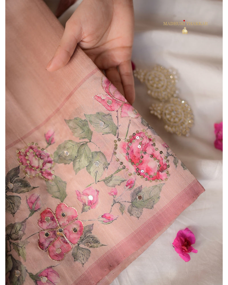 Mauve Tussar Saree With Handwork Floral Border