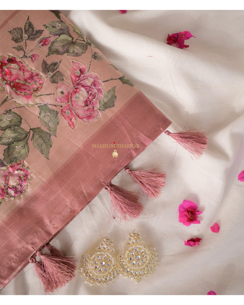 Mauve Tussar Saree With Handwork Floral Border