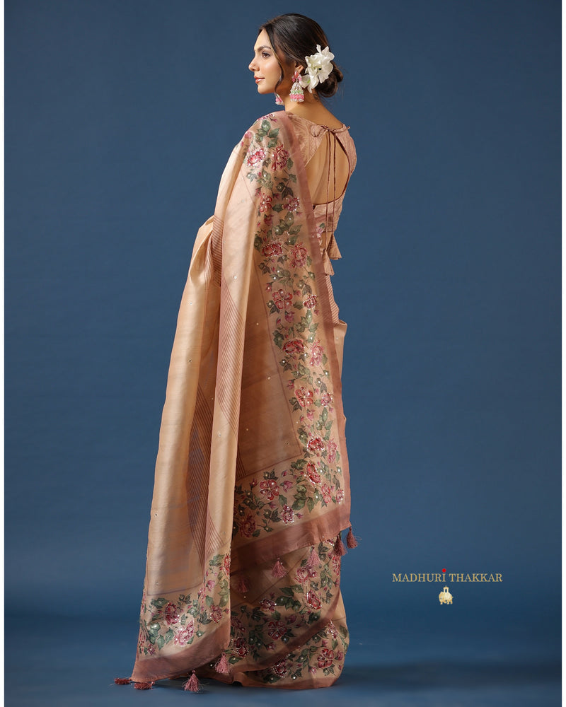 Mauve Tussar Saree With Handwork Floral Border