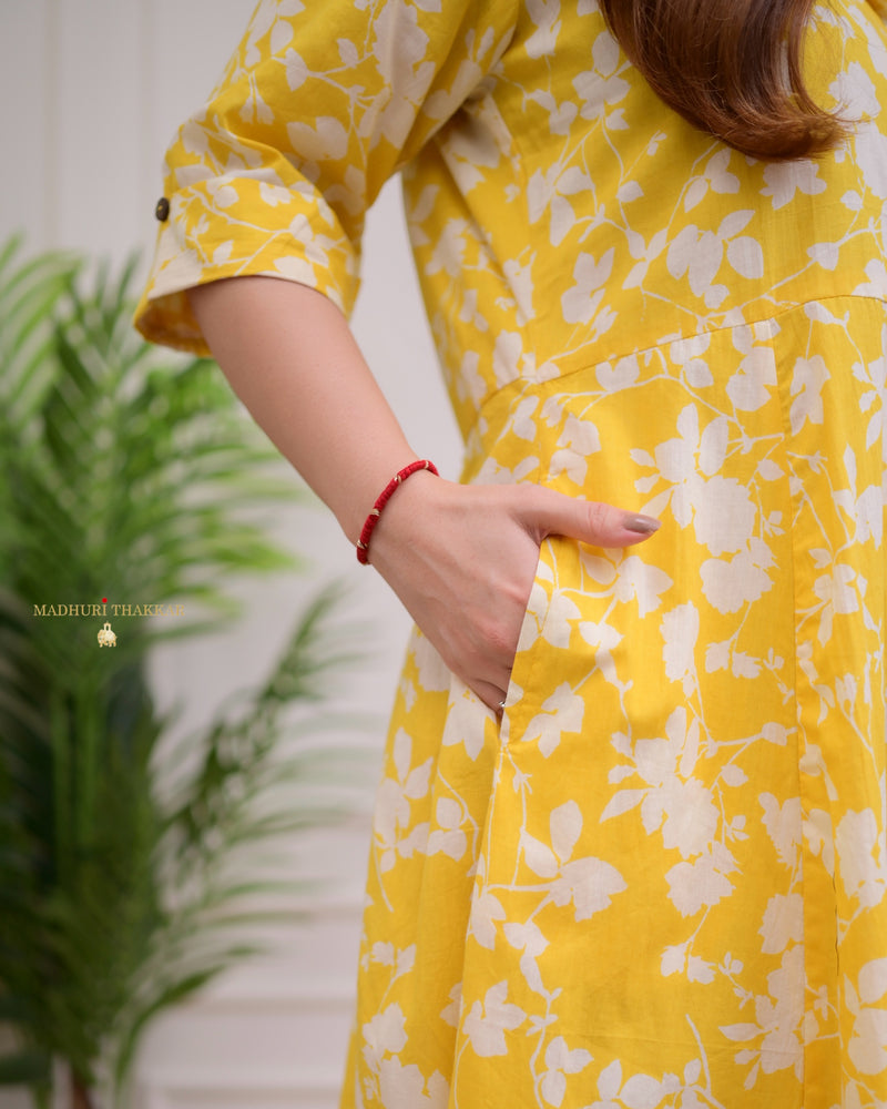 Yellow White Flower Cotton A Line Dress