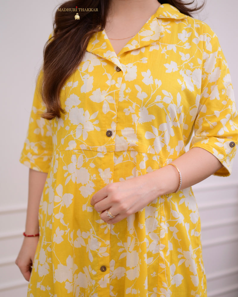 Yellow White Flower Cotton A Line Dress