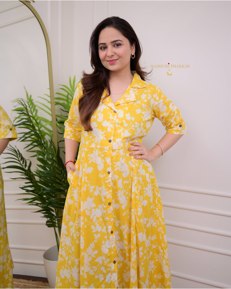 Yellow White Flower Cotton A Line Dress
