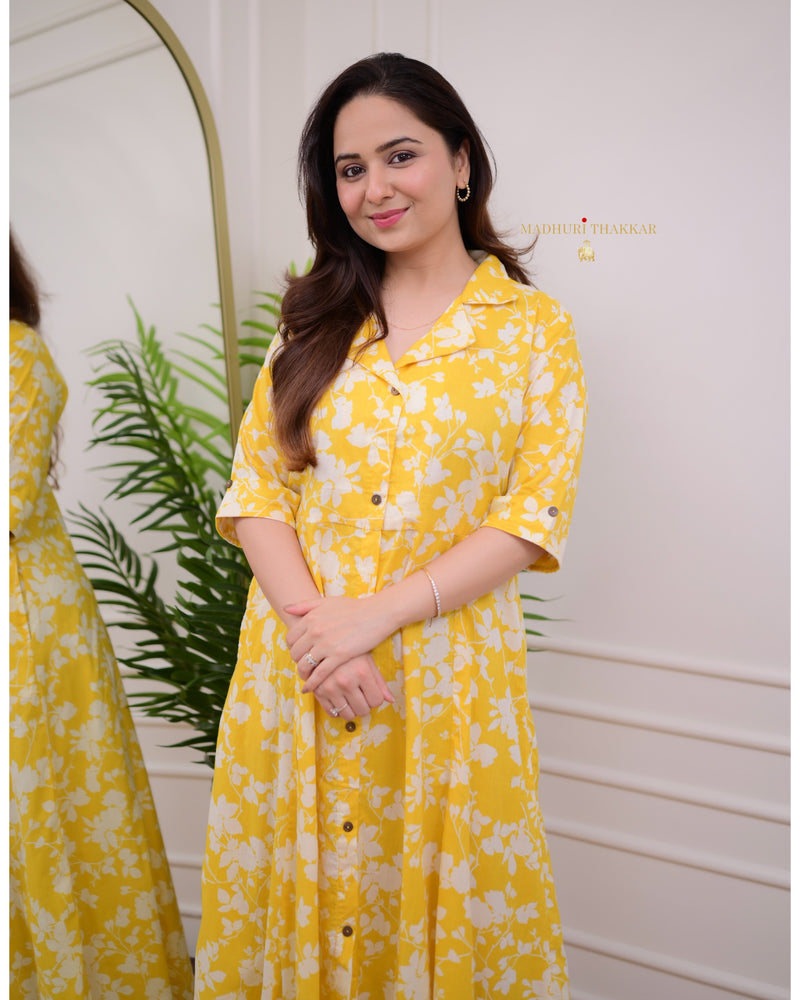 Yellow White Flower Cotton A Line Dress