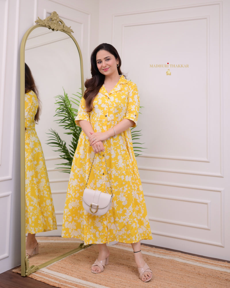 Yellow White Flower Cotton A Line Dress
